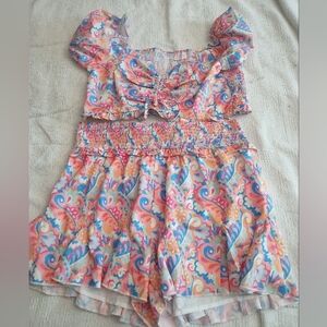 Pink Lily JR To Womens Paisley Romper - Pink and Orange Two Piece Size L
